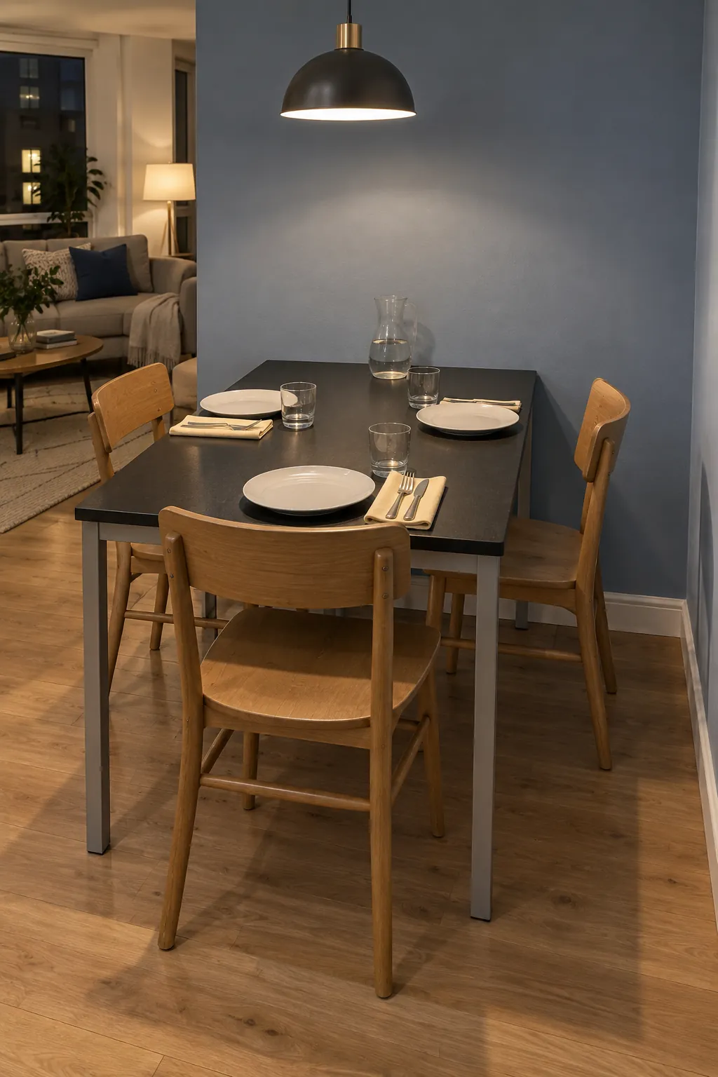 Short end wall table arranged for Thanksgiving in a narrow nook