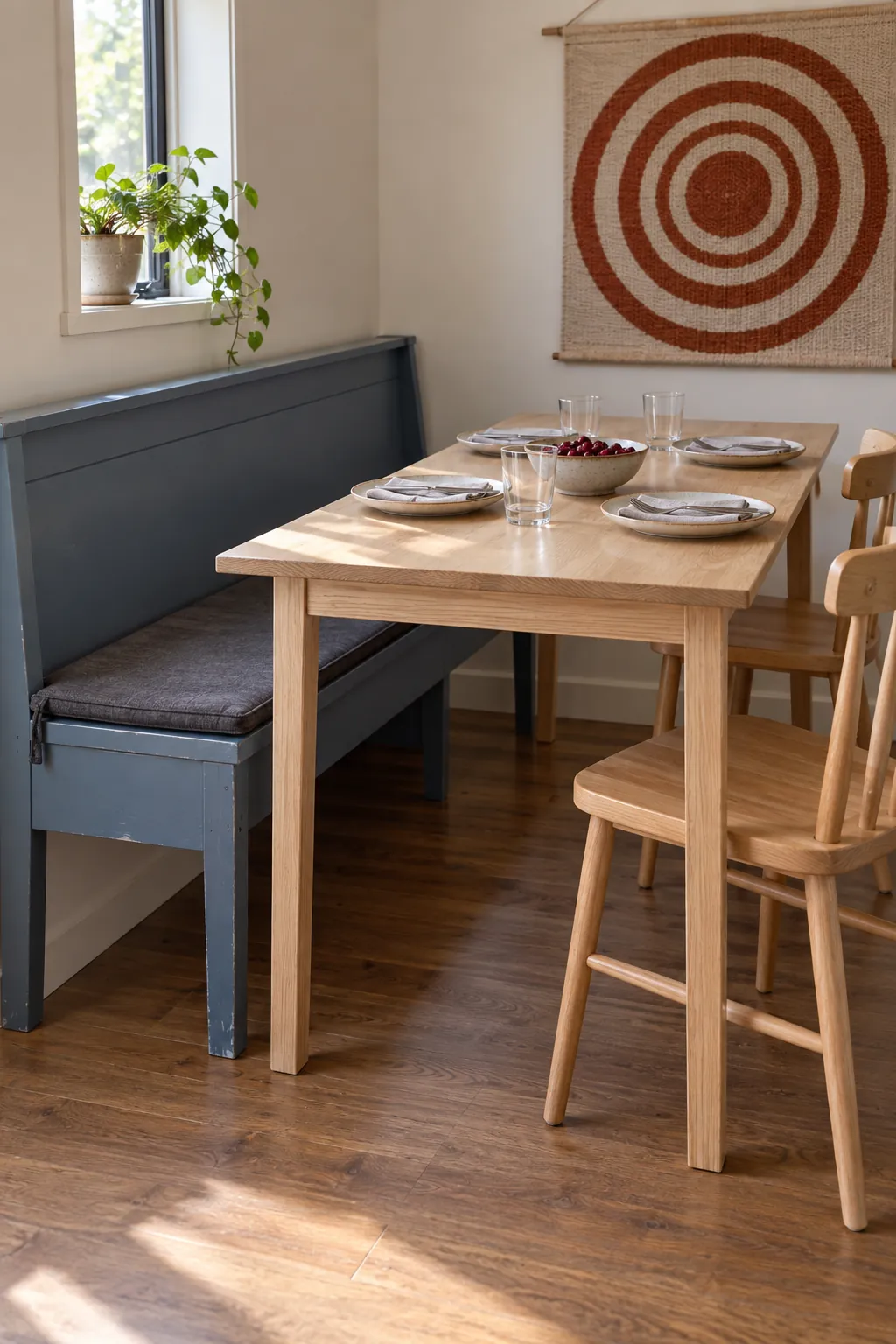 Wall bench dining arranged for Thanksgiving in a narrow nook