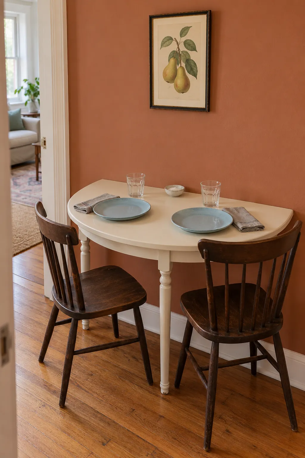 Semicircular wall table in a narrow Thanksgiving dining nook