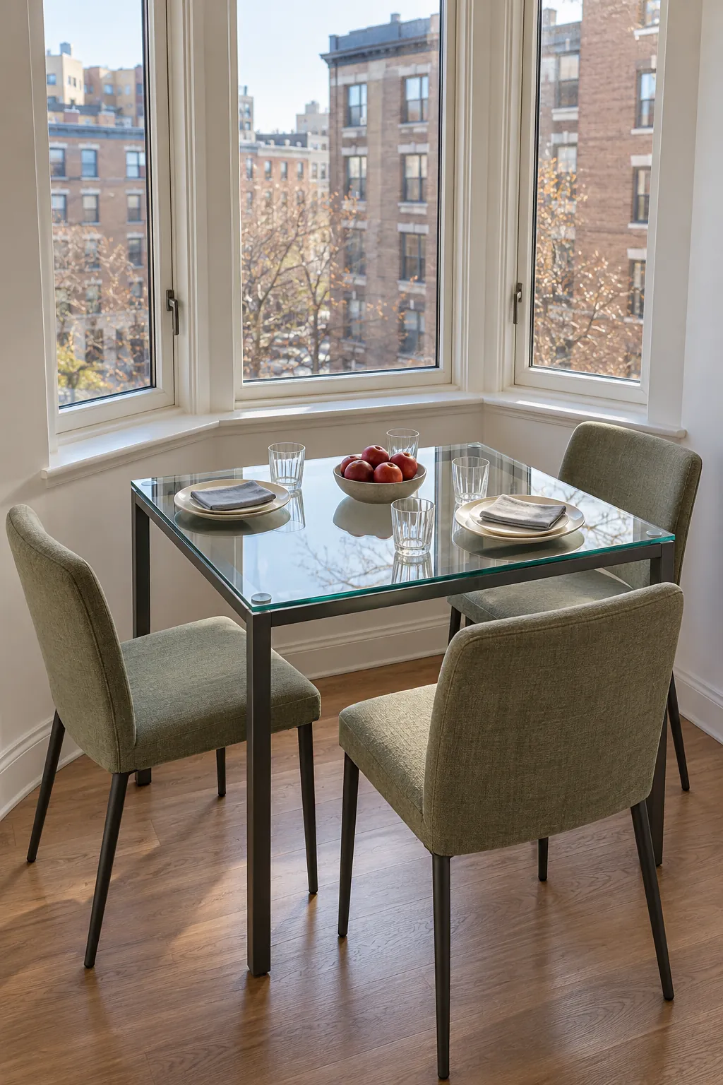 Window recess table in a narrow Thanksgiving dining nook