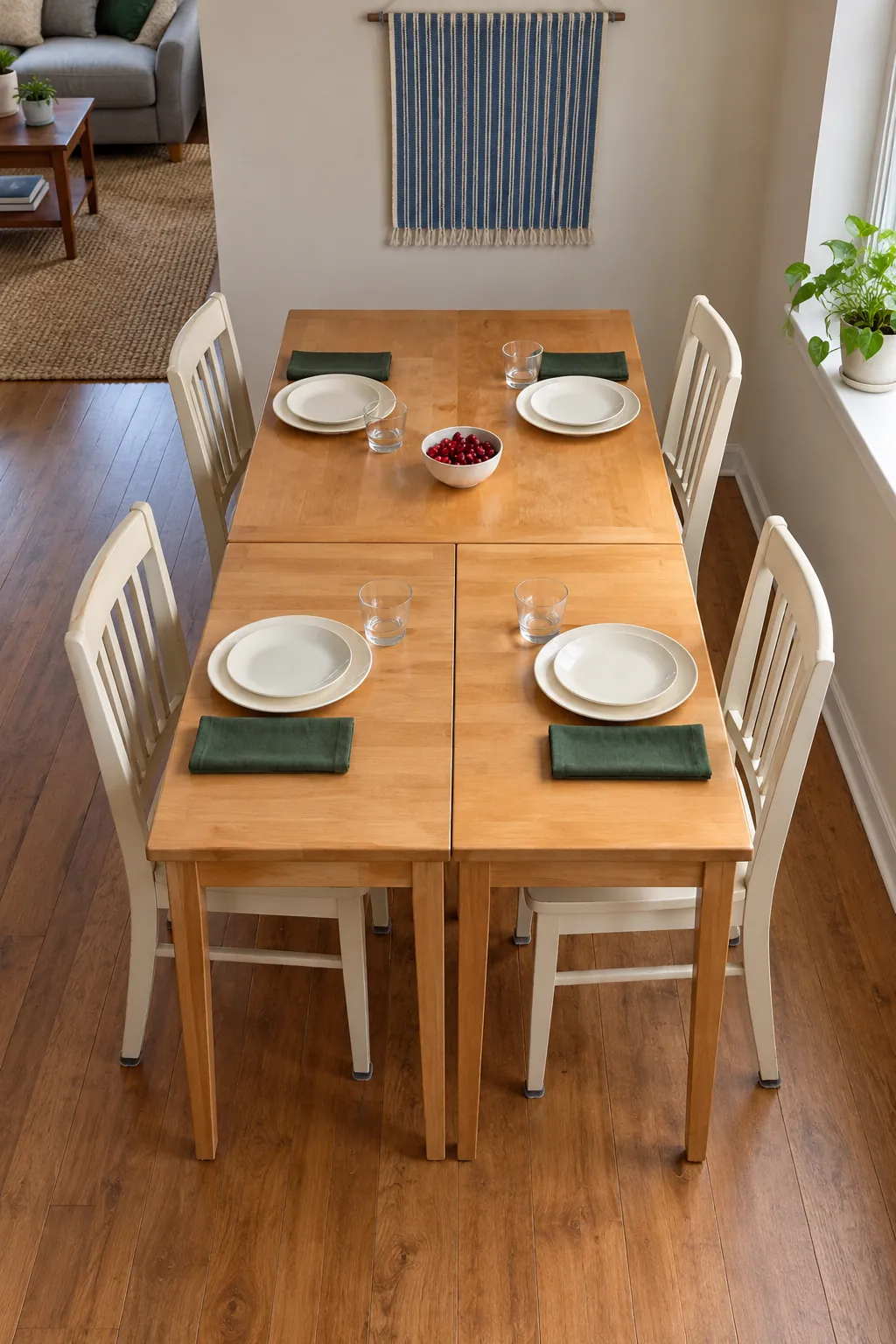 Paired small dining tables in a narrow Thanksgiving dining nook