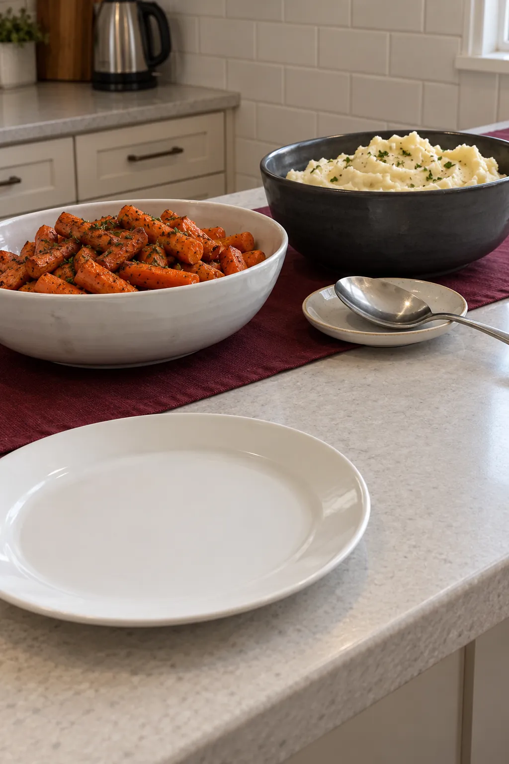 Thanksgiving buffet with an unobstructed front edge beside serving bowls