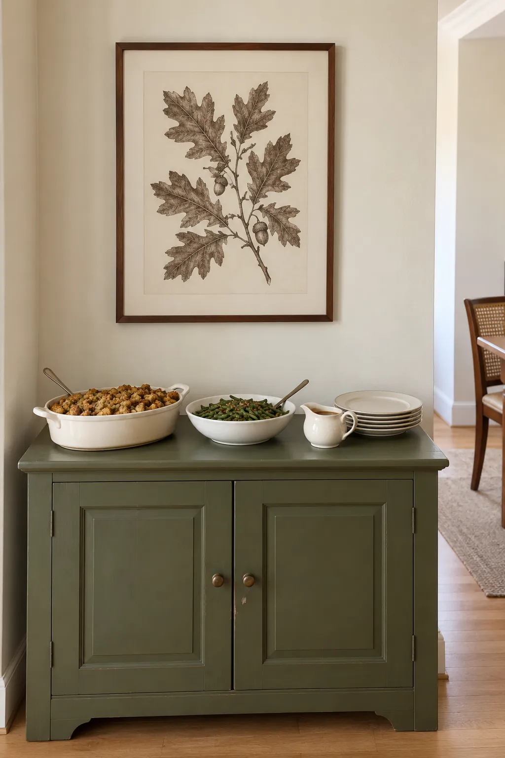 Framed botanical print above a Thanksgiving serving cabinet with clear tabletop space