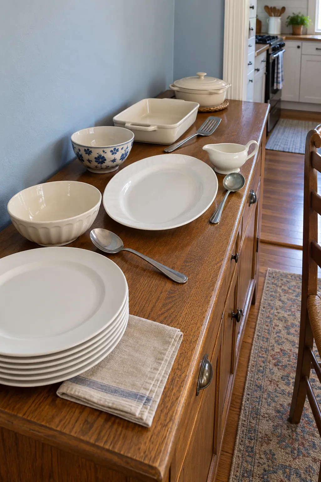 Empty Thanksgiving serving dishes arranged on a sideboard with utensil clearance