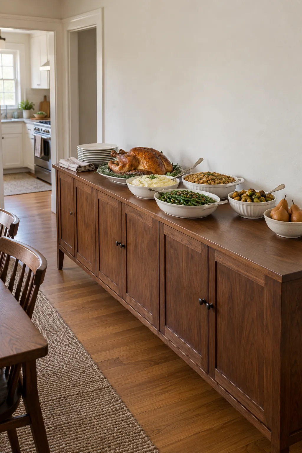 Thanksgiving buffet arranged with accessible food dishes and clear serving space