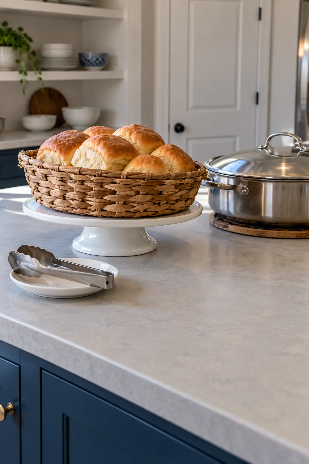 Bread basket on a low stable serving stand beside Thanksgiving dishes