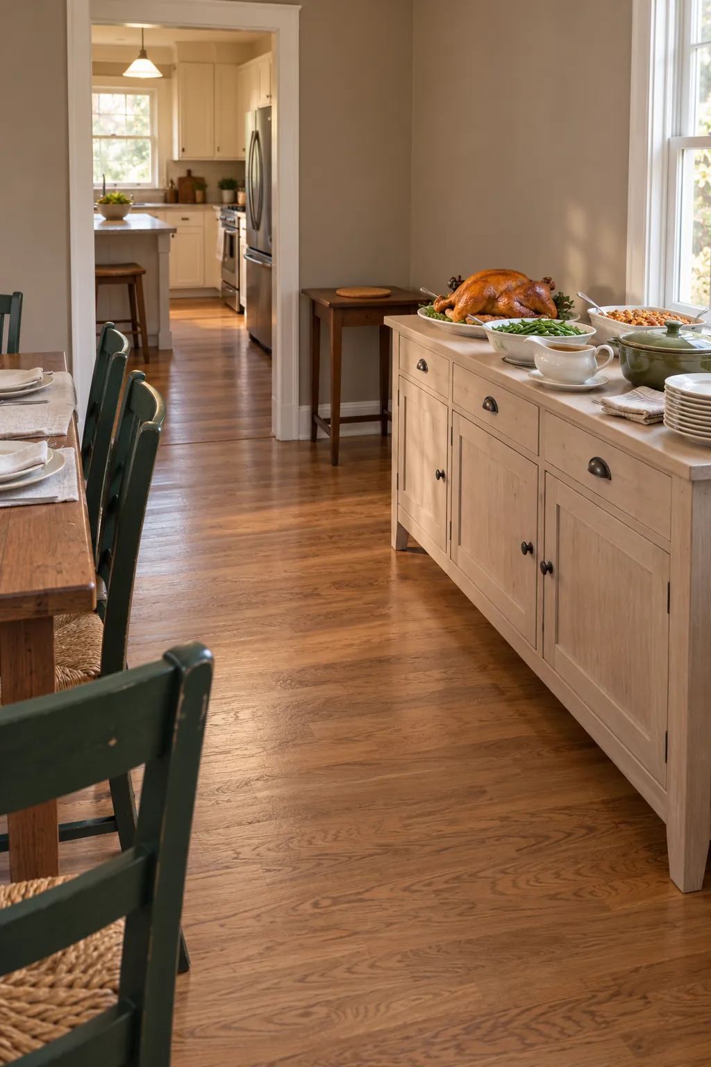 Thanksgiving buffet with open floor space and a nearby refill landing area