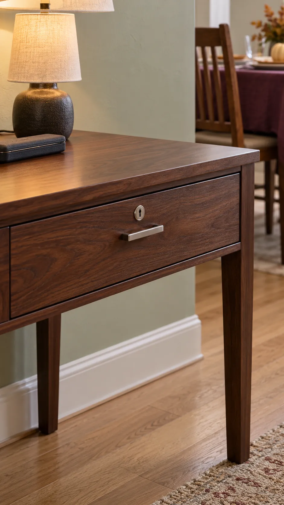 Locked desk drawer in a dining room home office