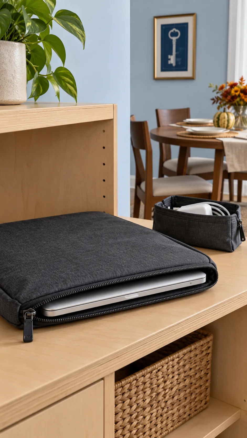 Laptop stored in a padded sleeve on a protected shelf before Thanksgiving dinner
