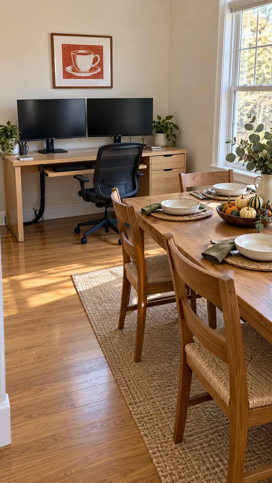 Large monitors kept on a separate desk beside a holiday dining table