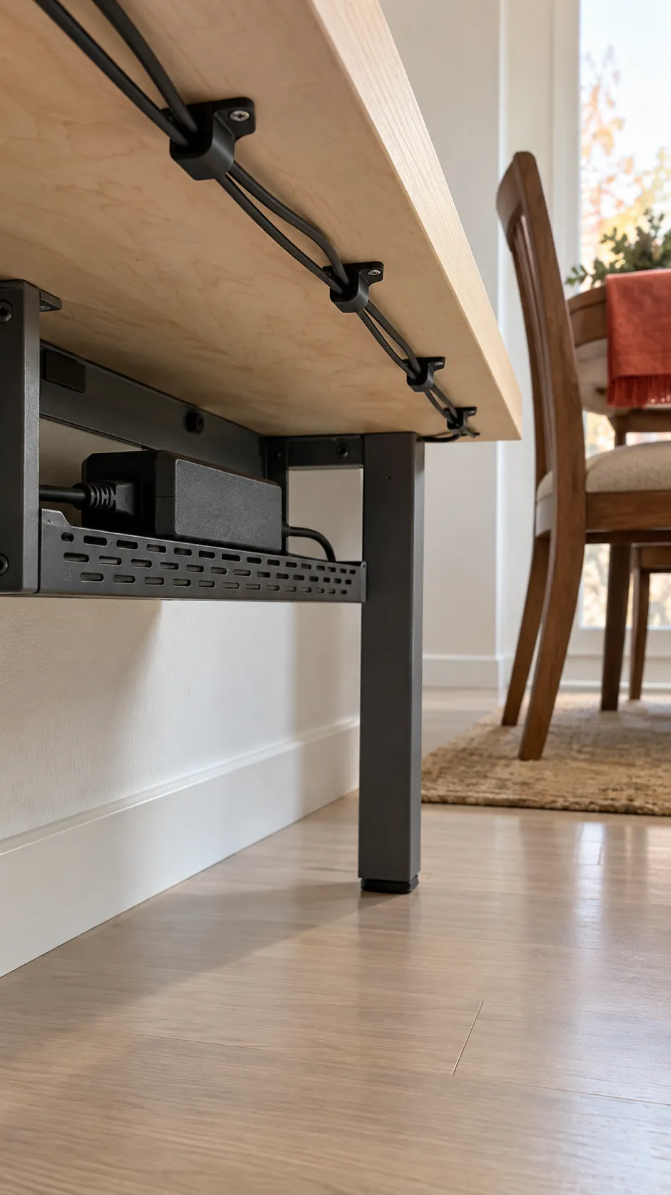 Desk cables clipped along furniture away from the guest walking route