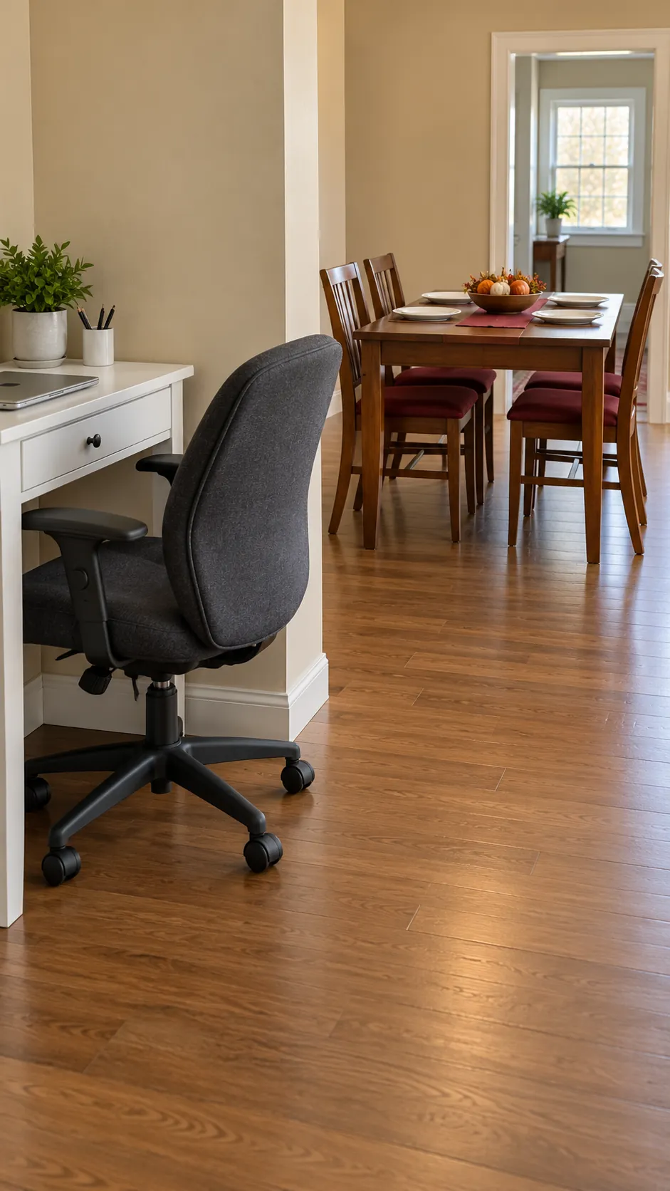 Rolling office chair parked clear of a Thanksgiving dining aisle