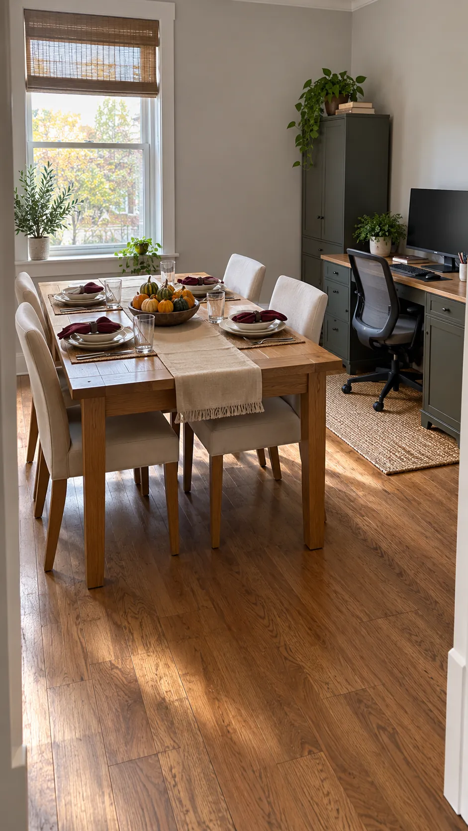 Thanksgiving dining table beside a retained home office with clear circulation