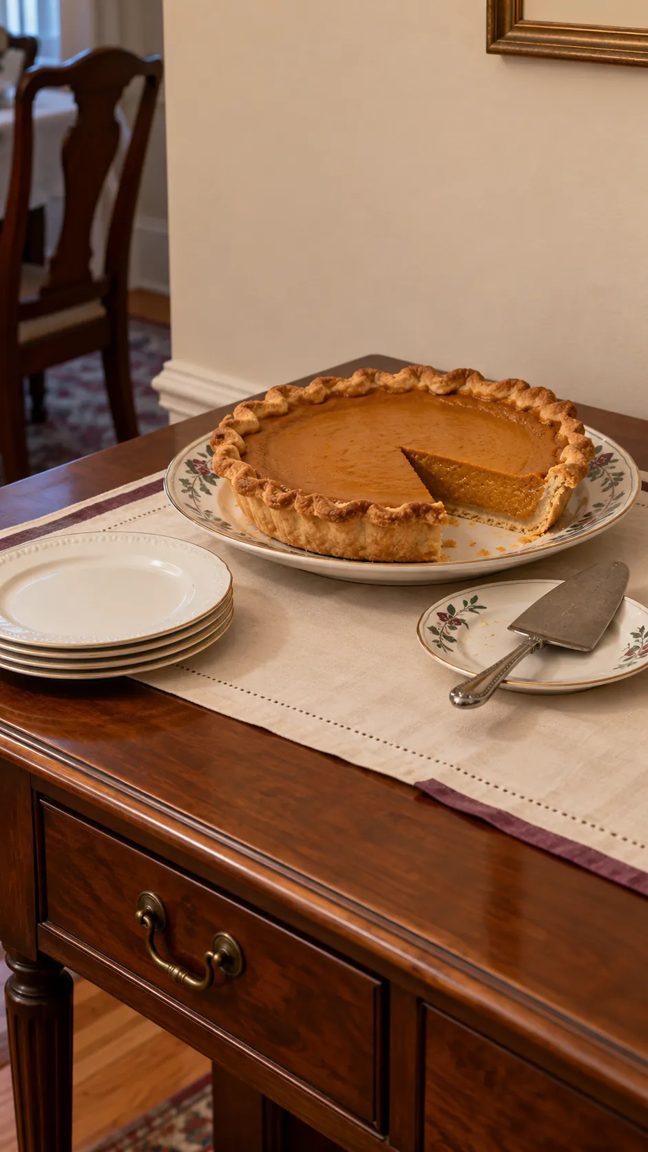 Protected desk surface set for dessert after Thanksgiving dinner