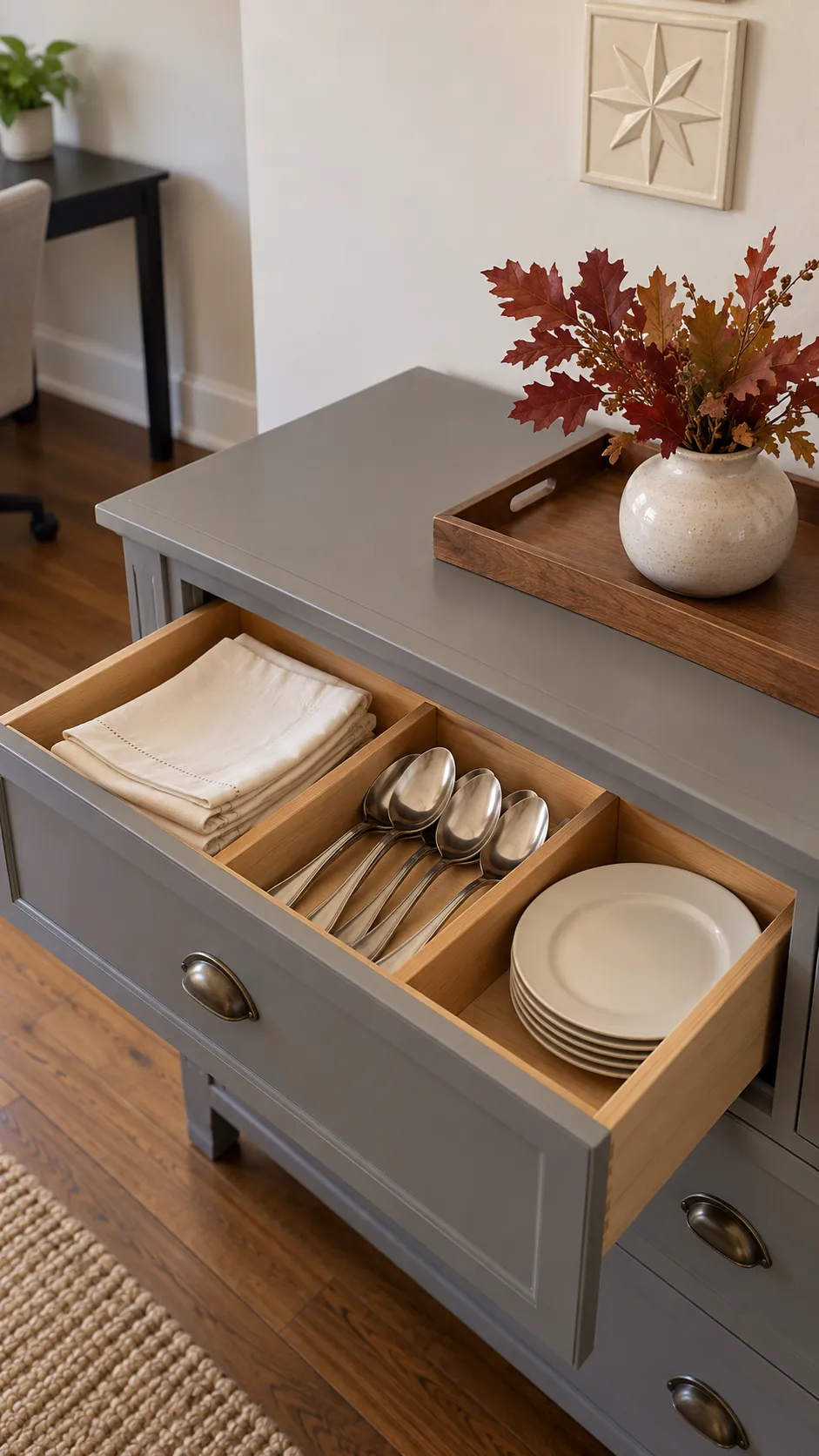 Office sideboard drawer holding dining napkins and clean serving utensils