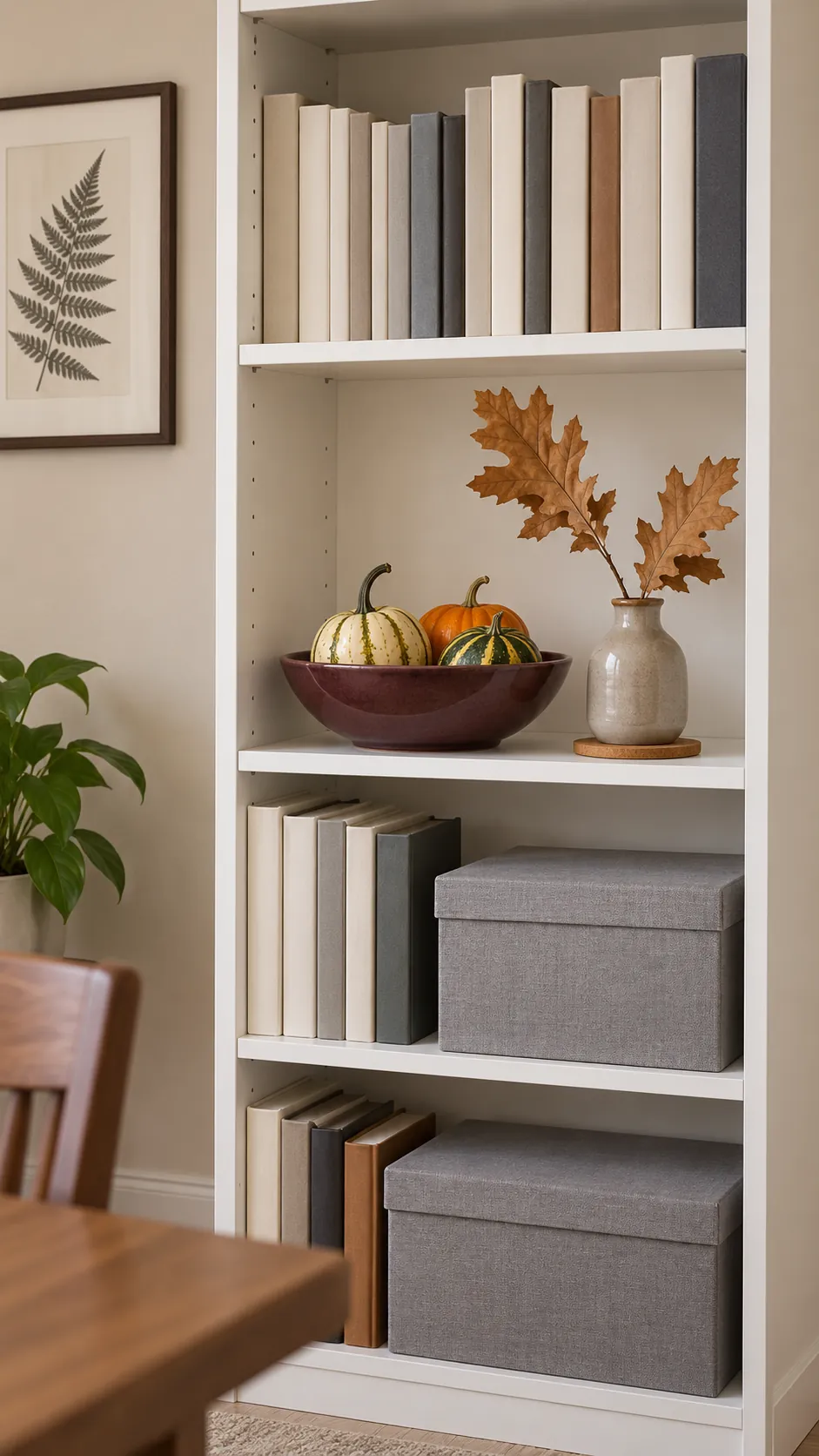 One bookcase shelf styled with a small harvest arrangement