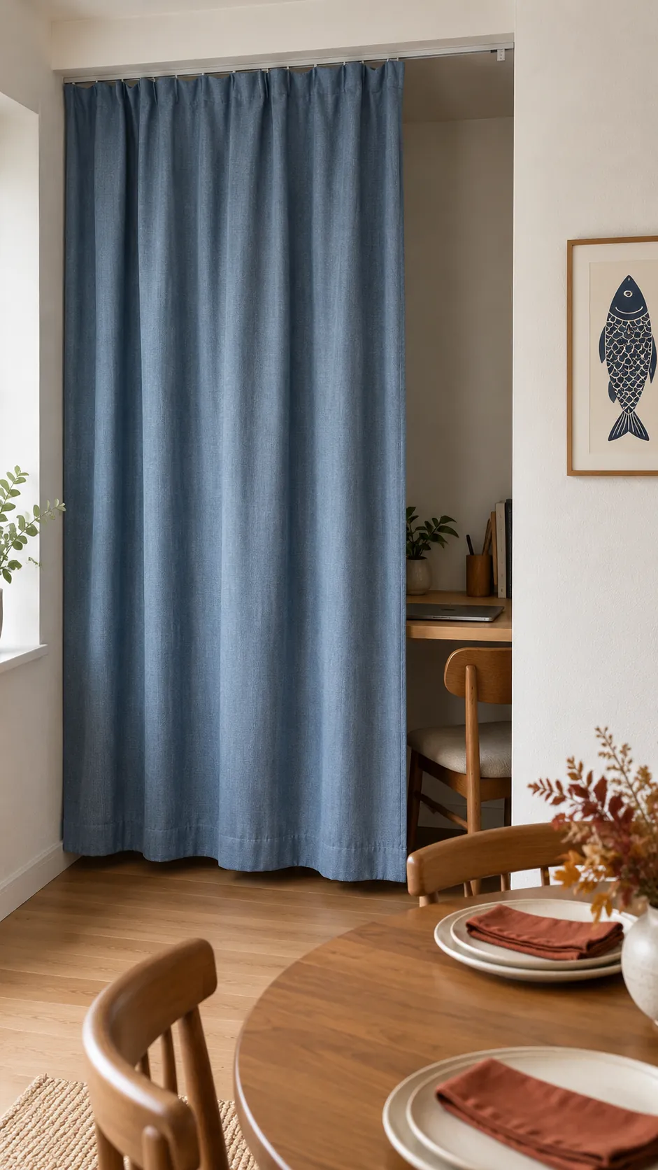 Existing curtain drawn across a recessed home office area