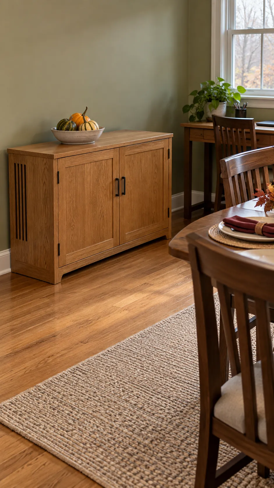 Closed printer storage cabinet beside a guest-ready dining area
