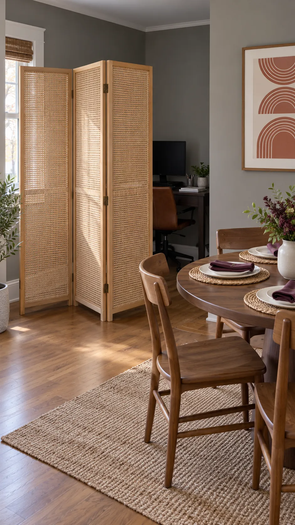 Stable folding screen separating a desk nook from Thanksgiving seating