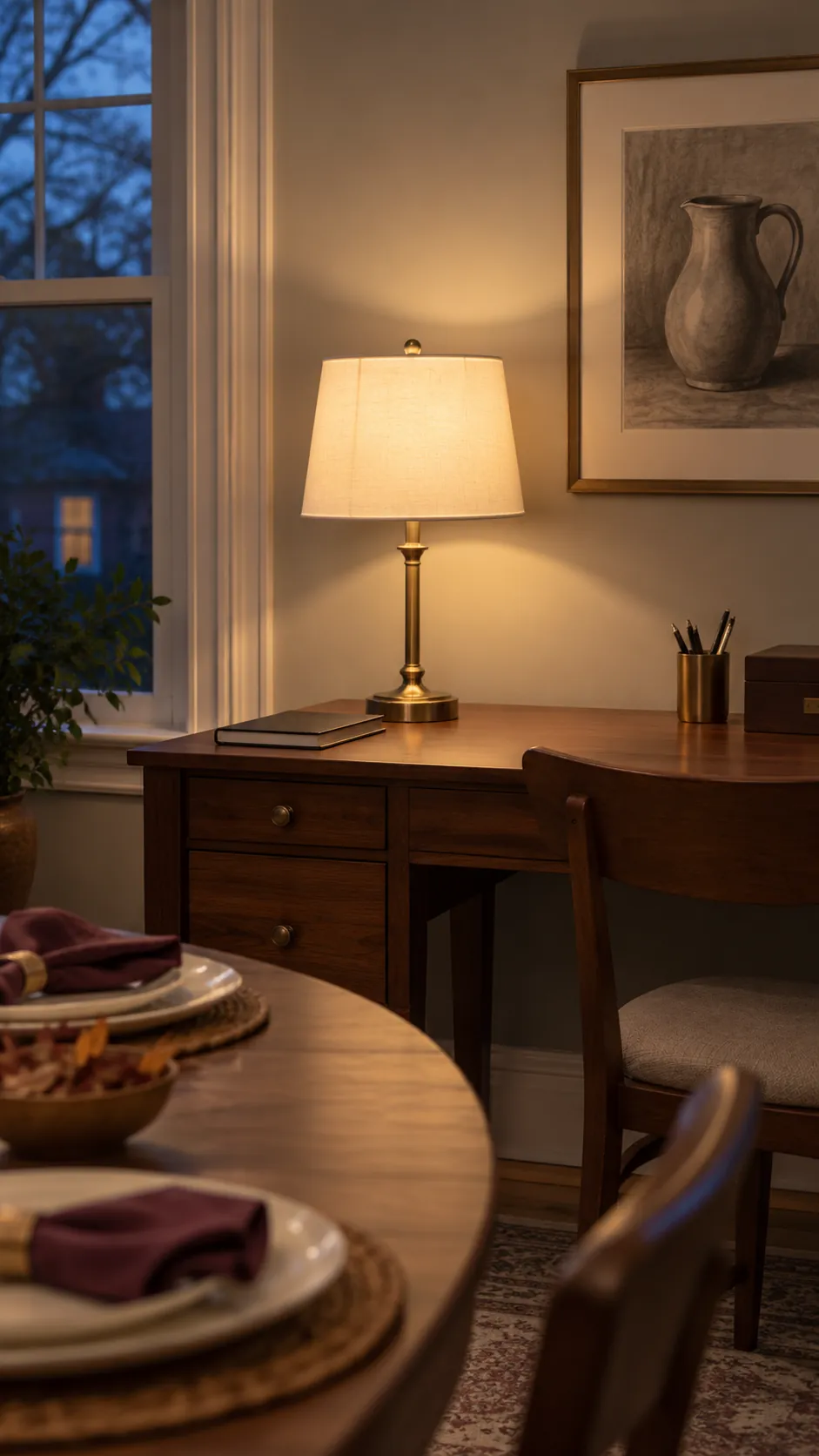 Shaded desk lamp providing soft light beside Thanksgiving dining