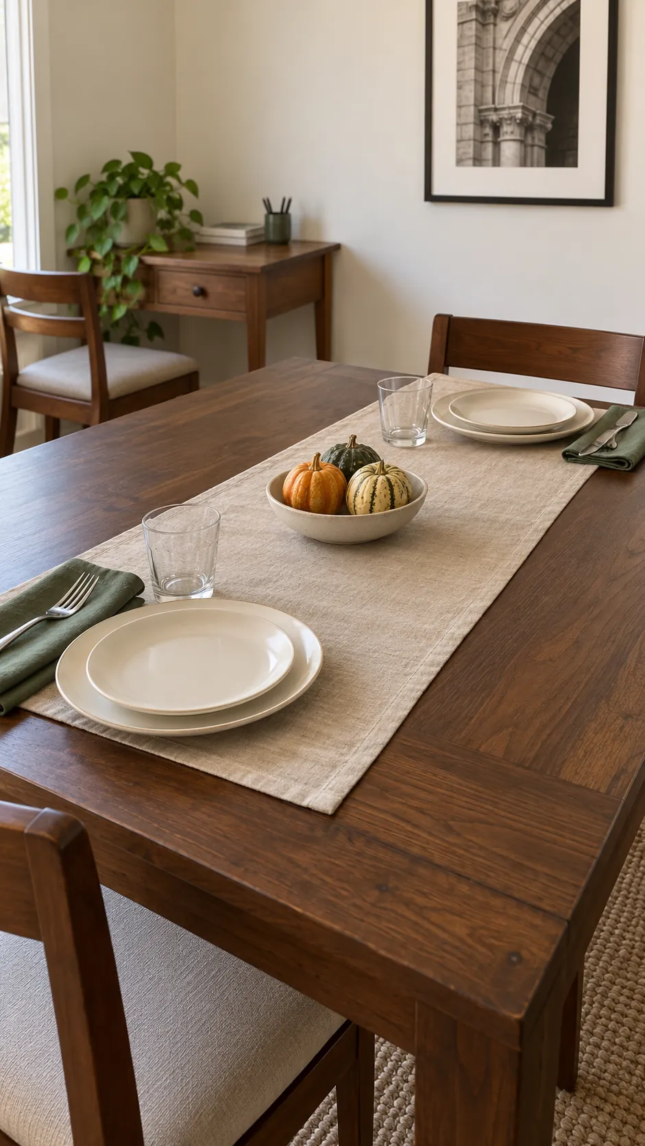 Short runner on a dining table after the work mat is removed