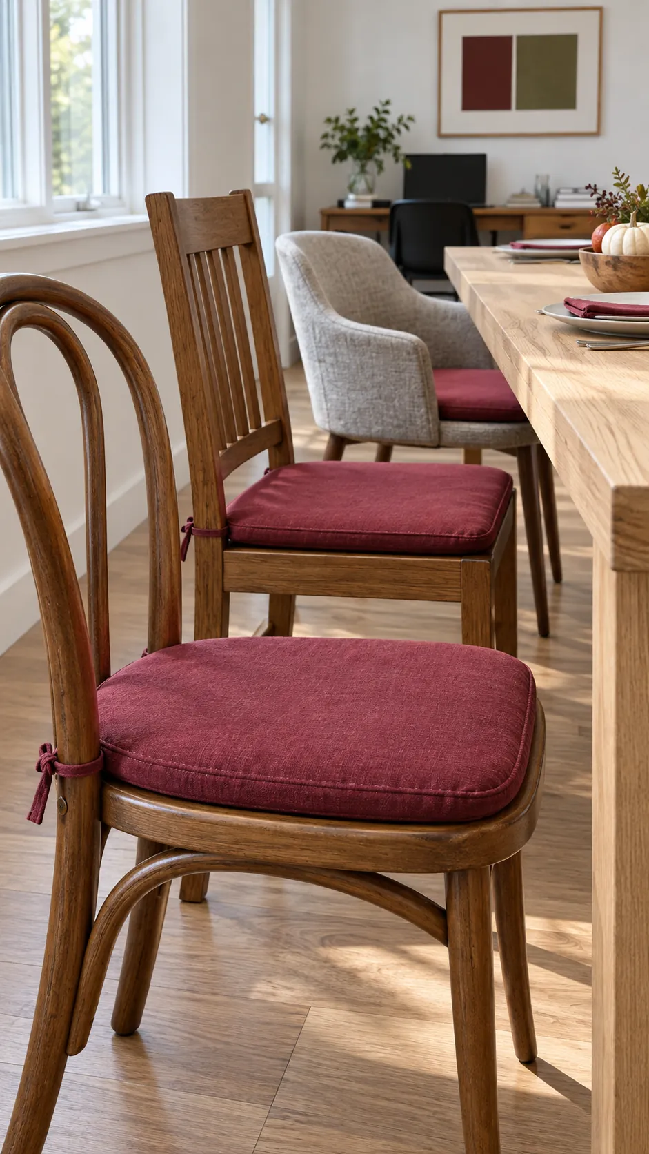 Mixed dining chairs connected with secure coordinated seat cushions
