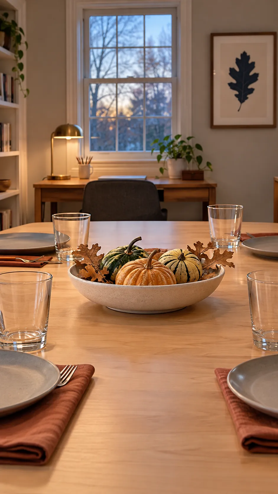 Low harvest centerpiece leaving room for Thanksgiving conversation