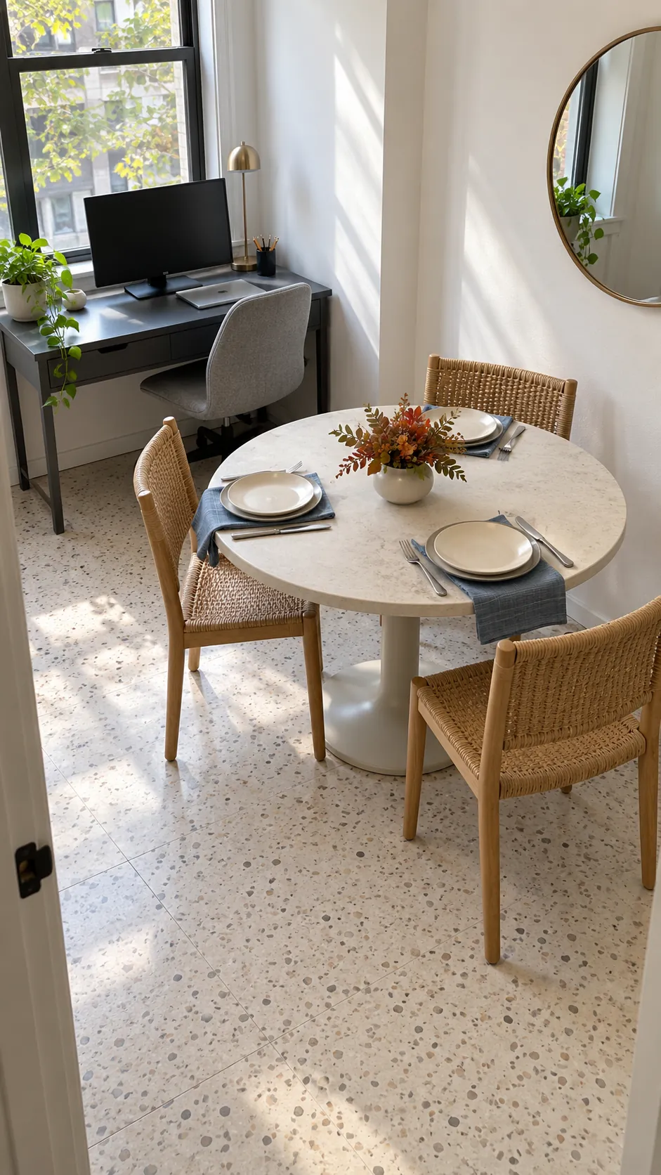 Round dining table arranged beside a compact home office