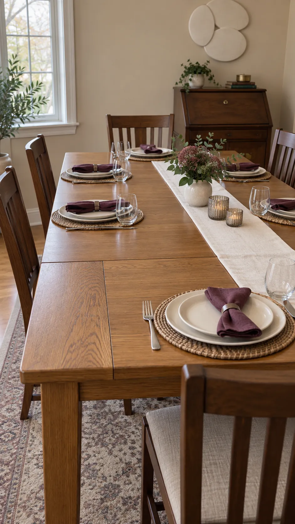 Extended dining table with secured leaf and clear chair access