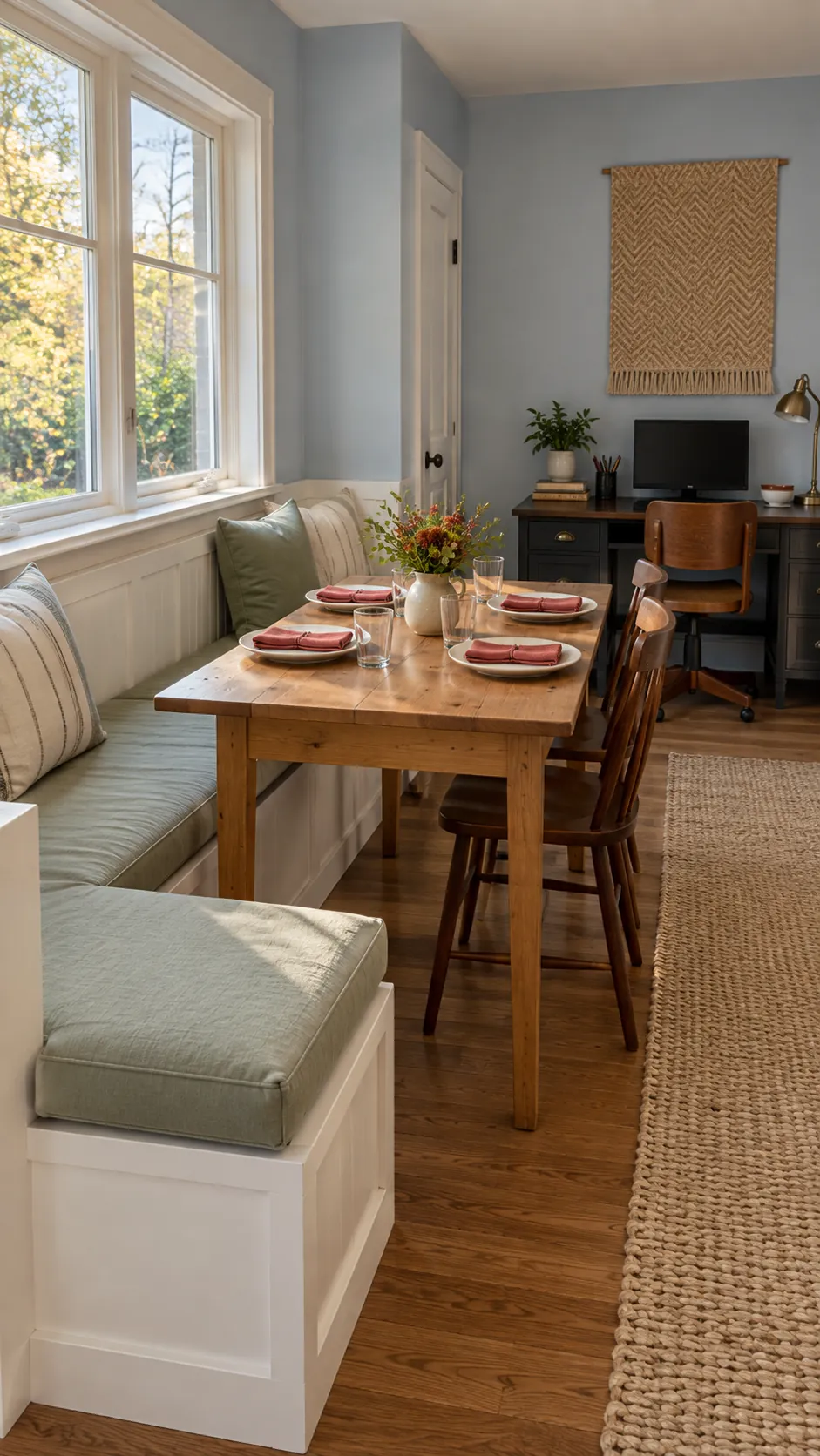 Wall-side banquette defining the dining zone beside a home office