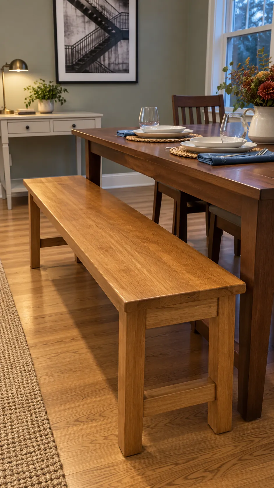 Dining-height bench along a Thanksgiving table with clear access