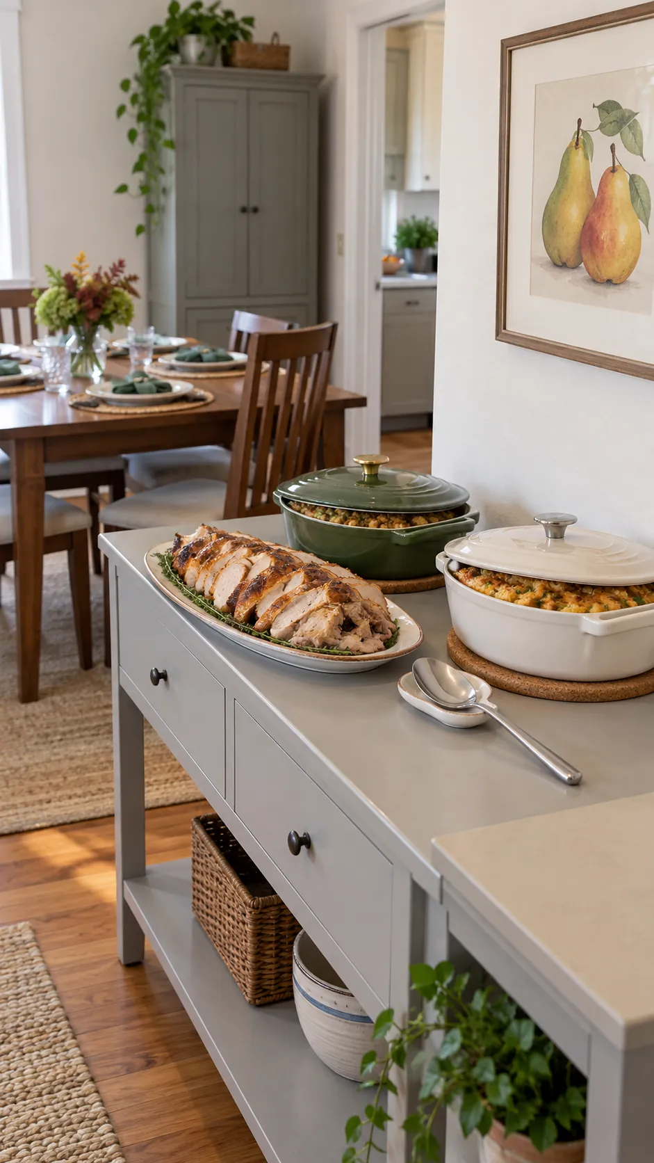 Separate serving surface keeping bulky dishes off a shared work and dining table