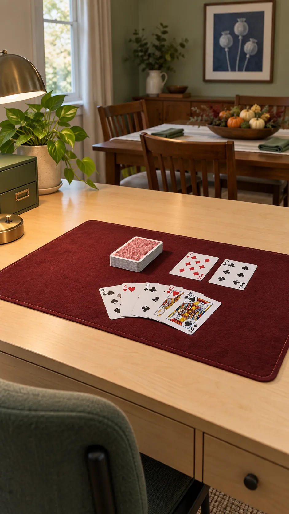 Cleared desk used for a quiet card game after dinner