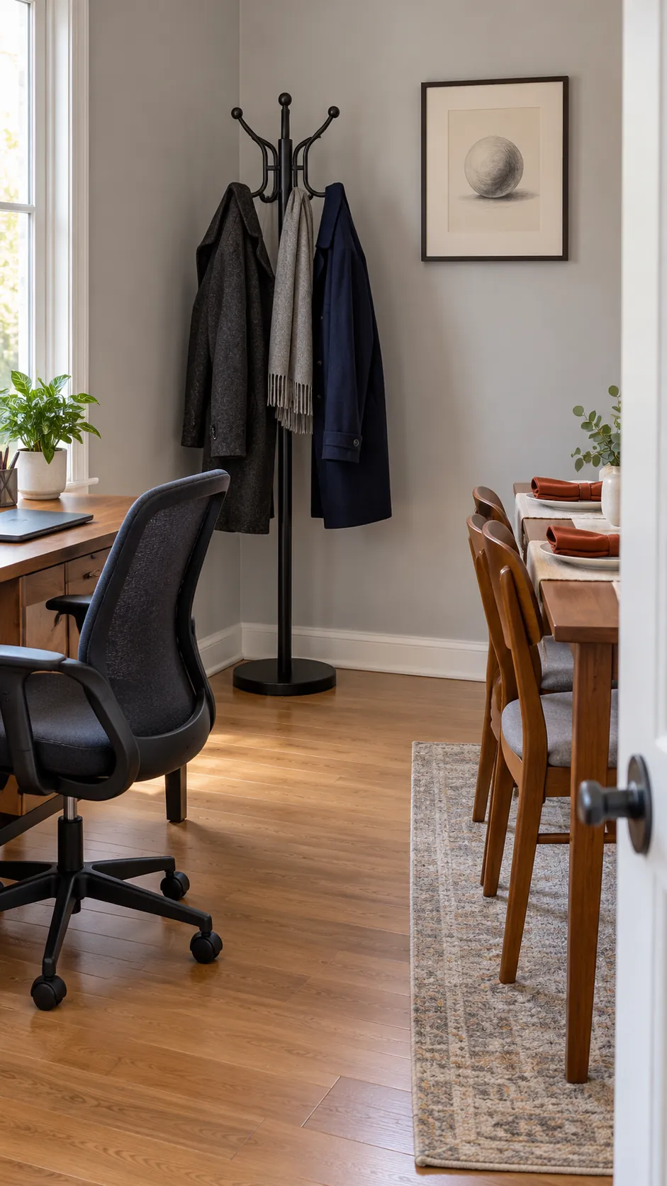 Coats on a stable rack away from the home office chair