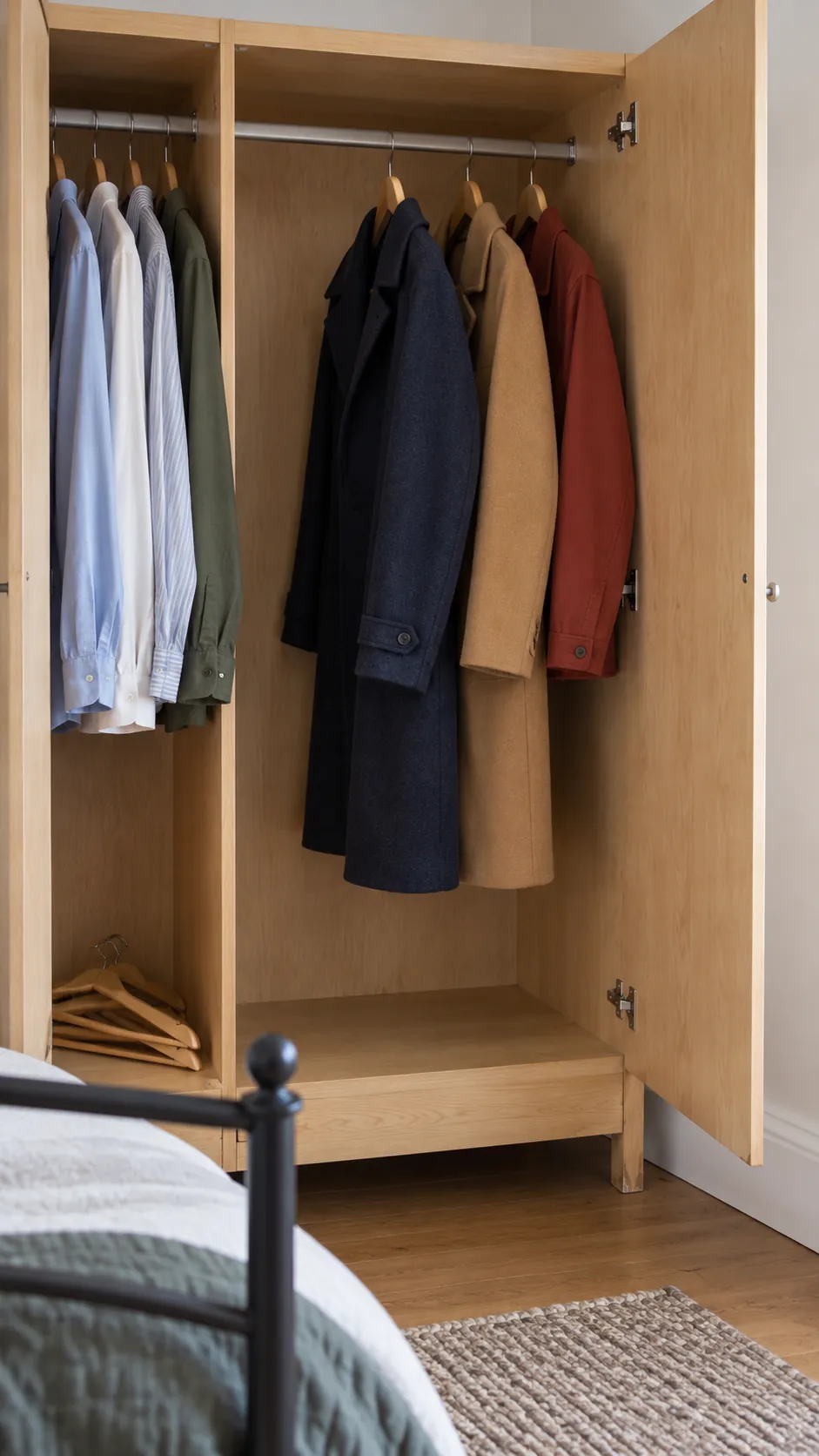 Guest coats hanging on a cleared section of a bedroom wardrobe rail