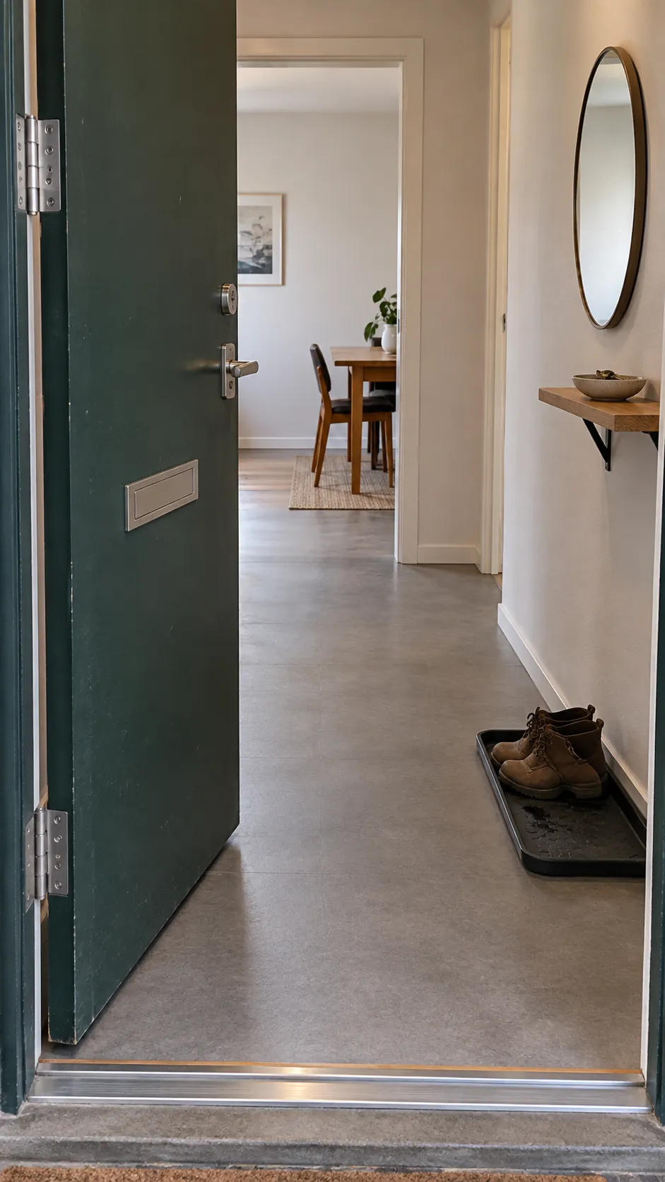 Clear small apartment entrance with a boot tray beside the door