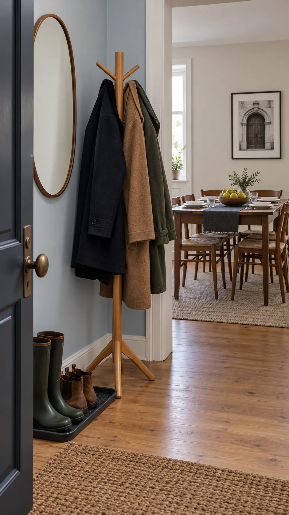 Small apartment guest coat station with a clear route to Thanksgiving dinner