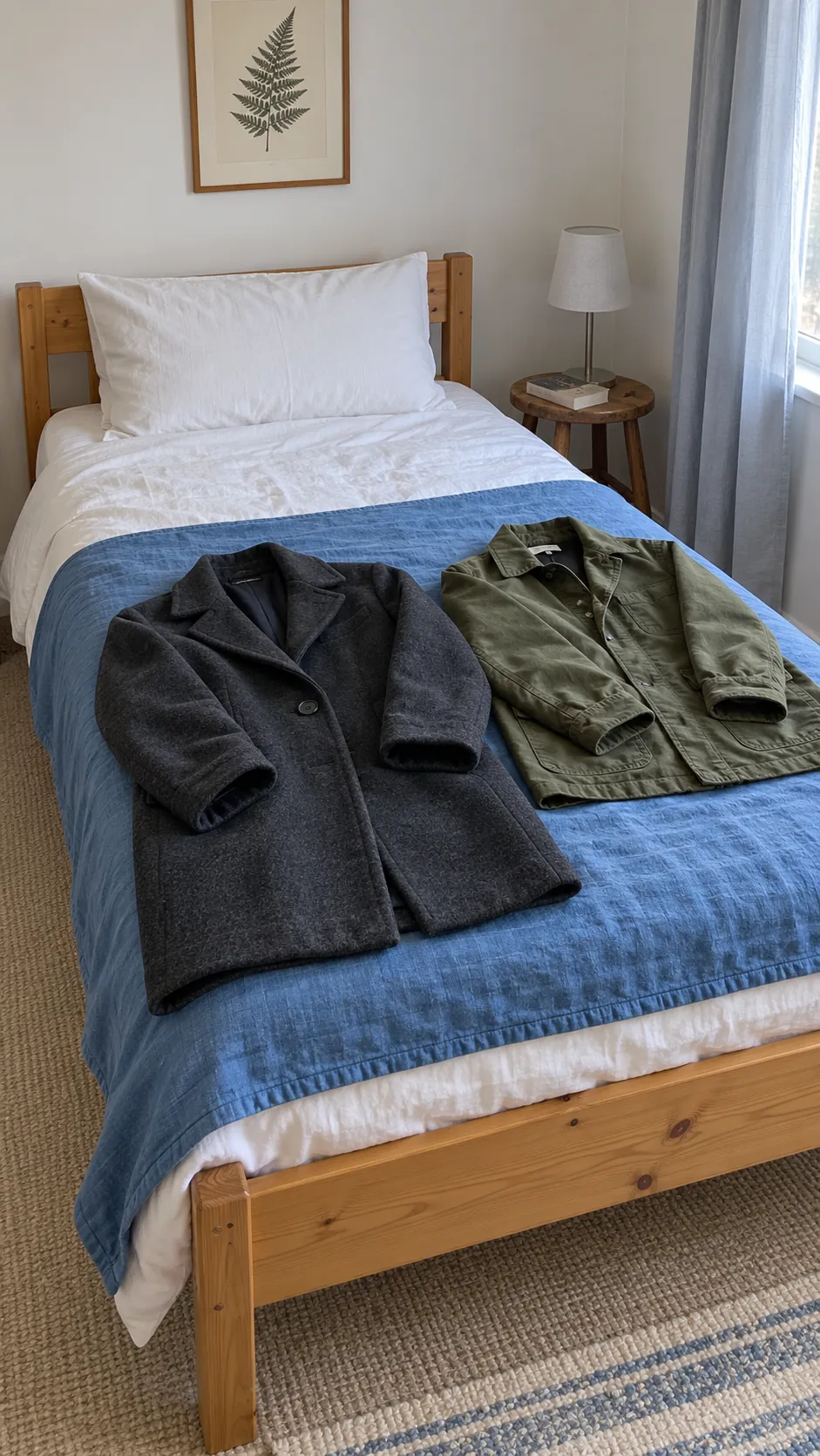 Two dry guest coats laid separately on a washable cover across a bed