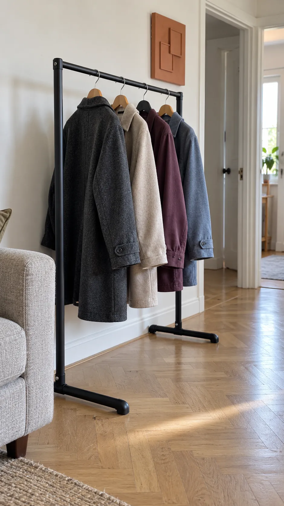 Compact freestanding coat rail positioned beside a living room wall