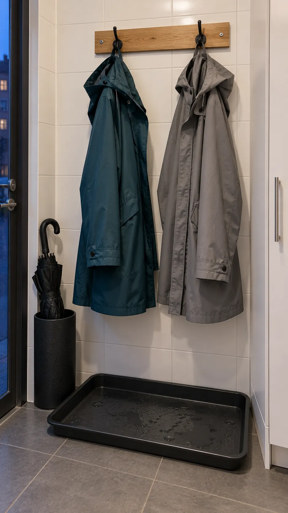 Damp raincoats hanging with space between them above a washable drip tray