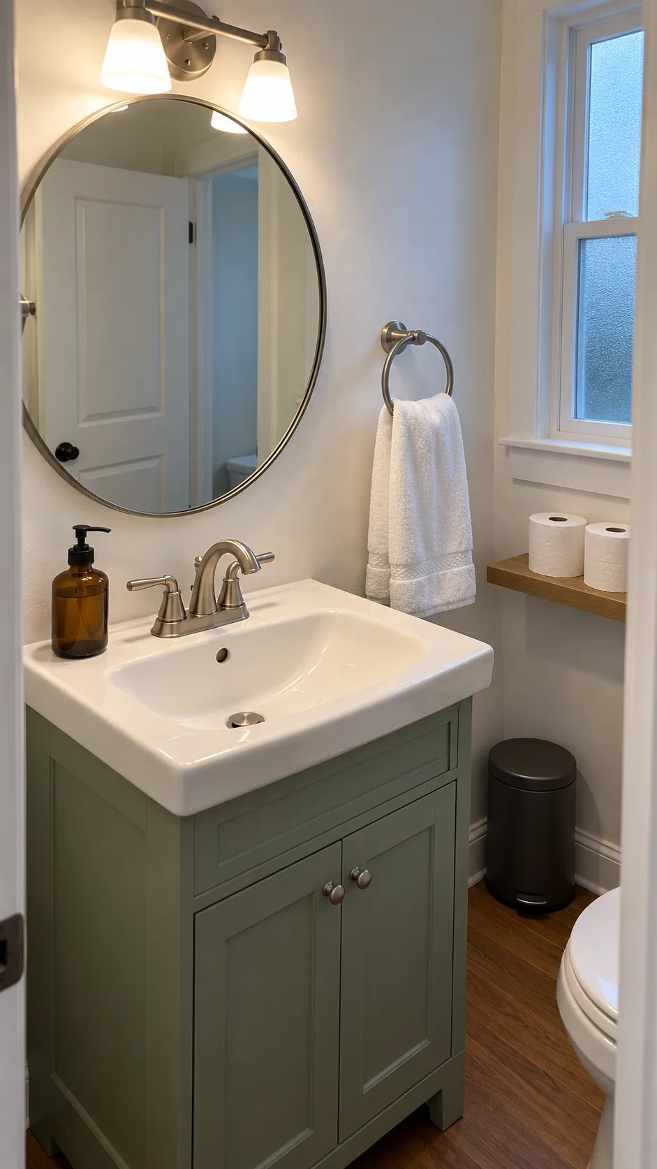 A clean guest bathroom sink with soap, fresh hand towels, and spare toilet paper