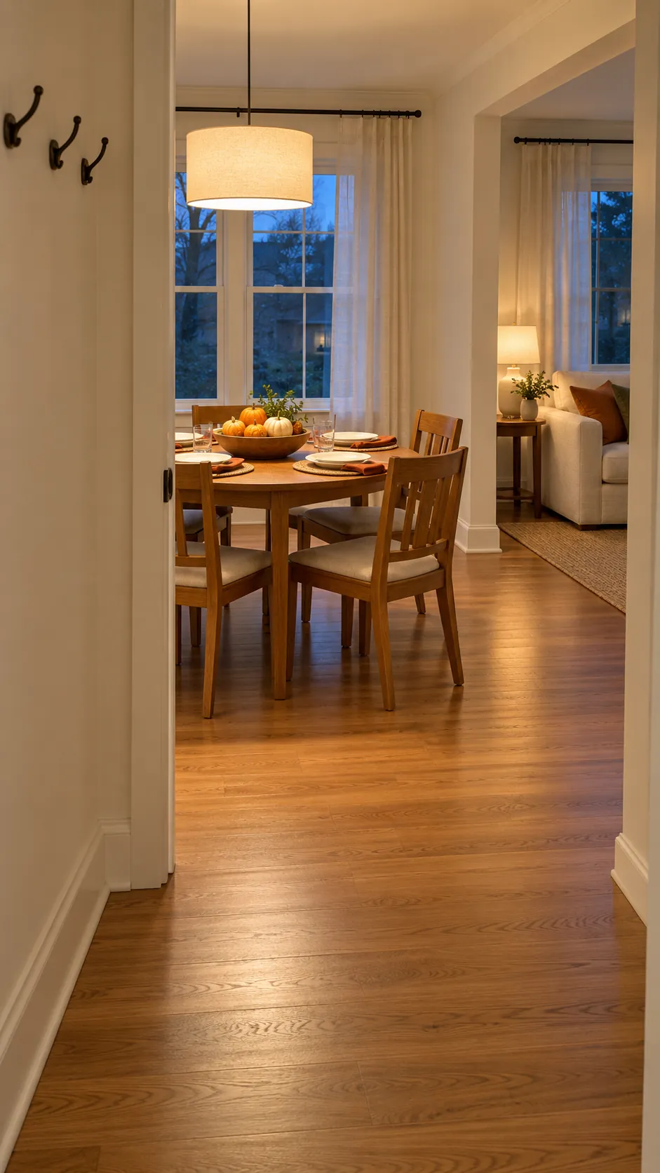 A welcoming dining room and clear hallway ready for Thanksgiving guests