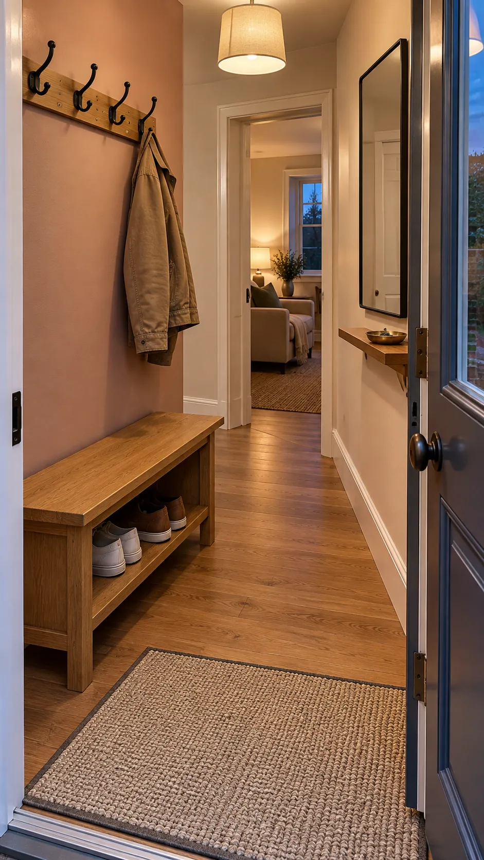 An uncluttered entrance with spare coat hooks and a clear walking route