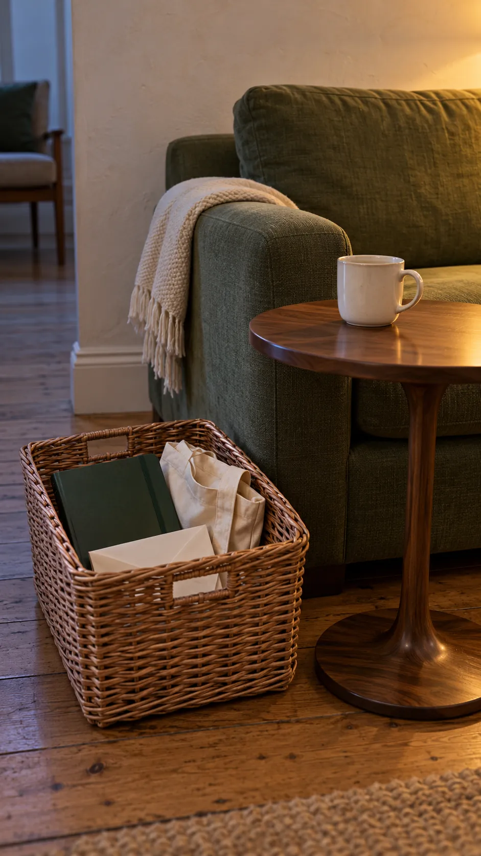 A small sorting basket beside a cleared living room table