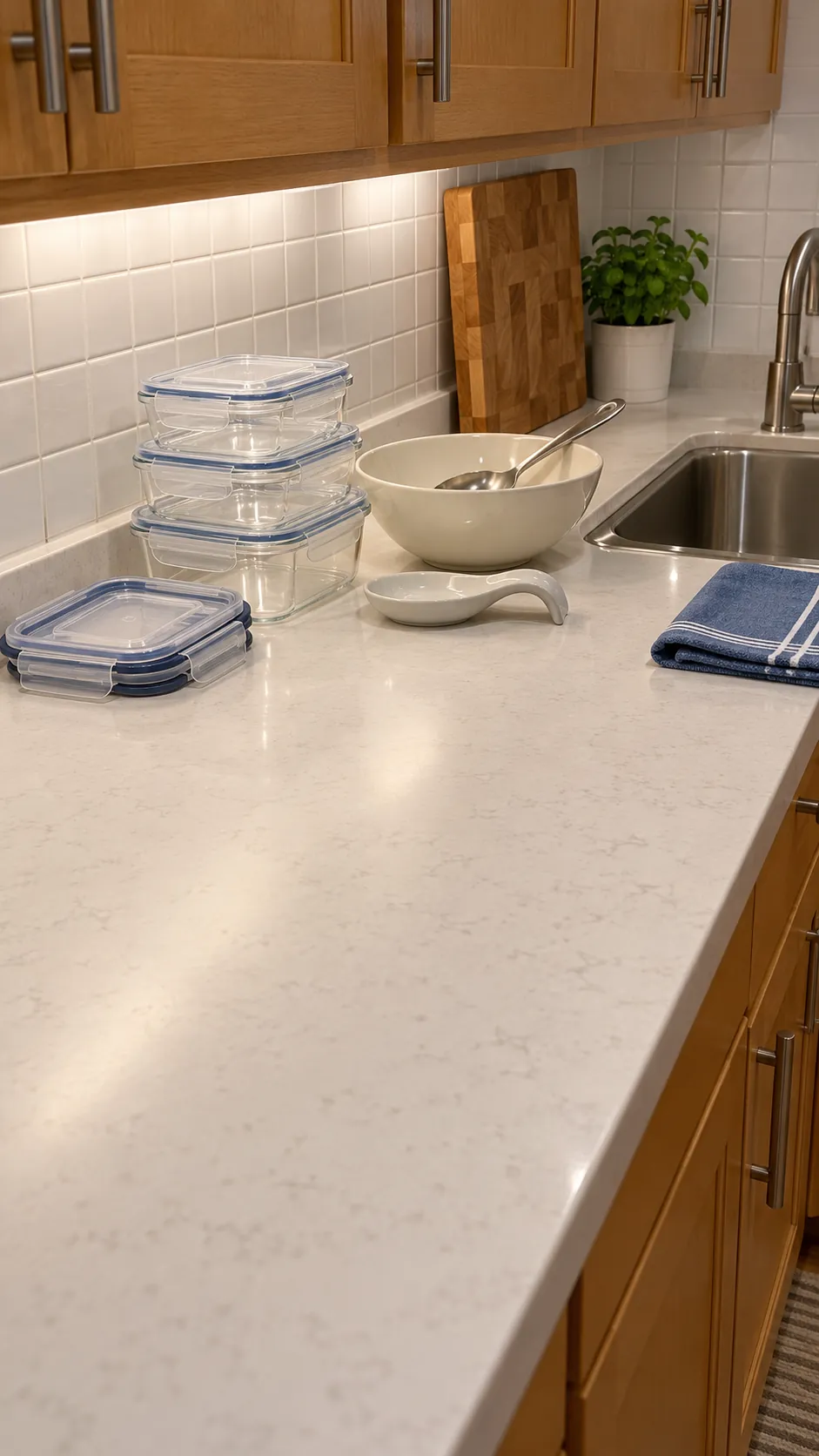 A cleared kitchen counter with serving utensils, clean containers, and a spoon rest