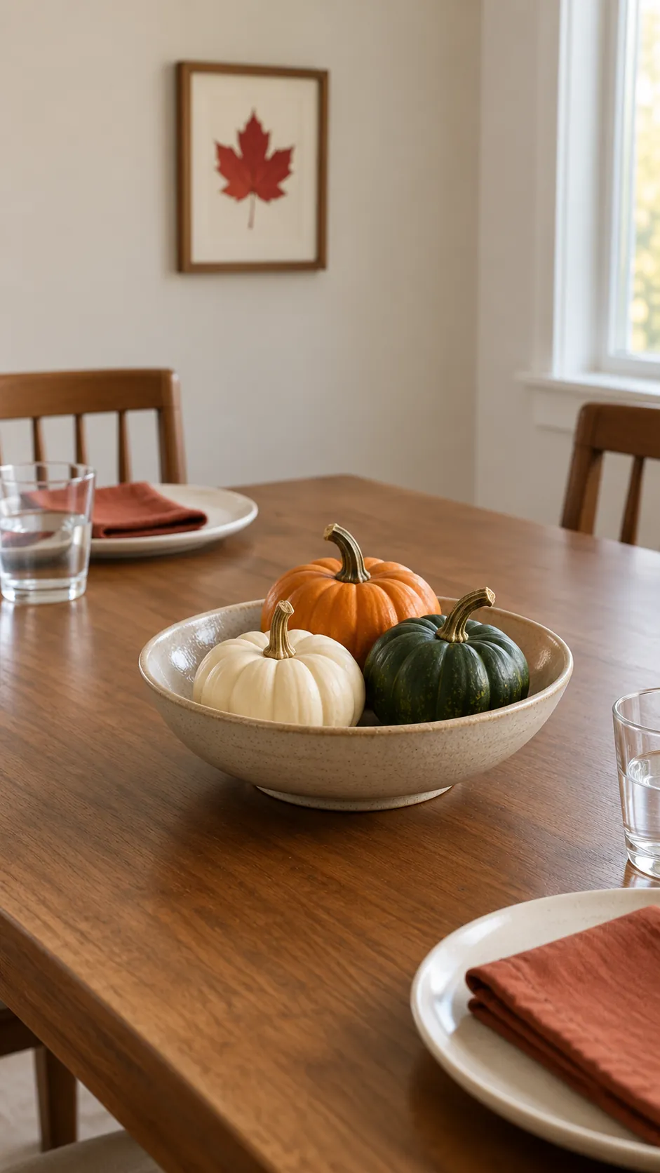 A low Thanksgiving centerpiece with a few pumpkins on a usable dining table