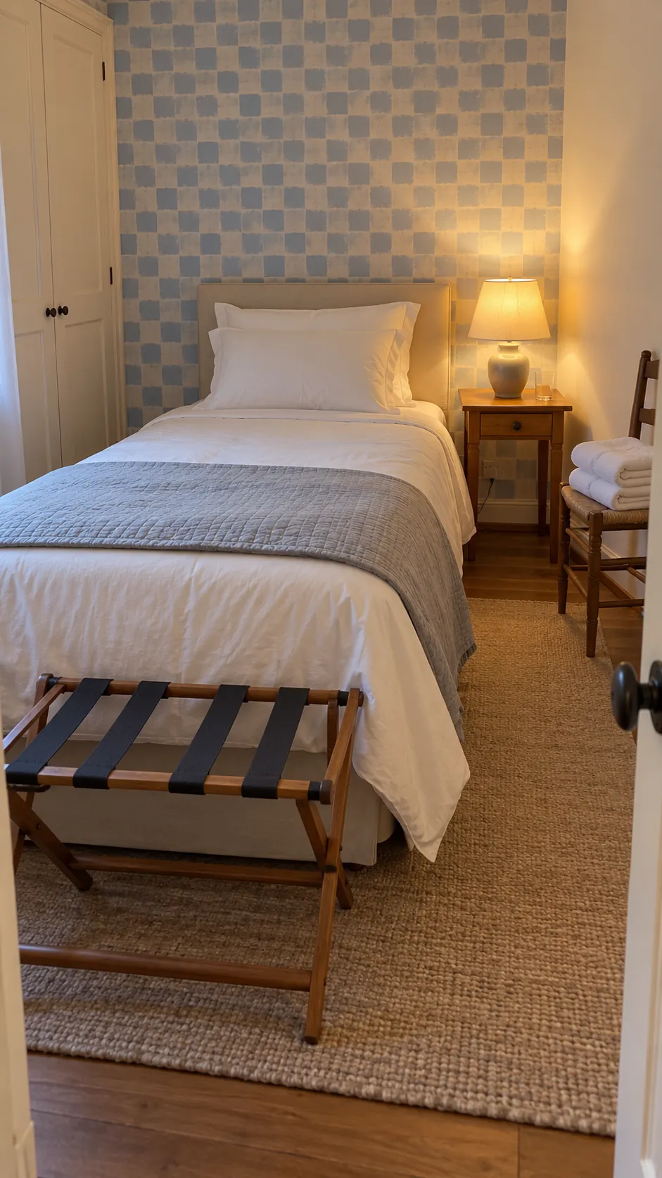 A simple guest bed with clean bedding, a bedside light, and folded towels