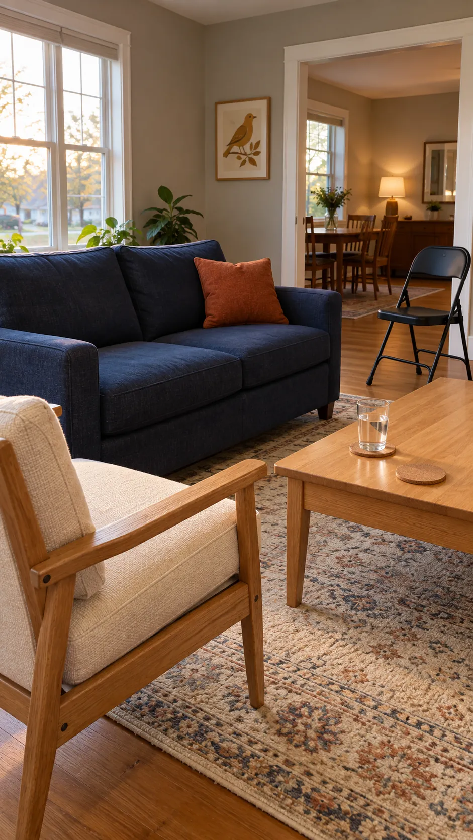 A modest living room with comfortable chairs and clear space for a gathering