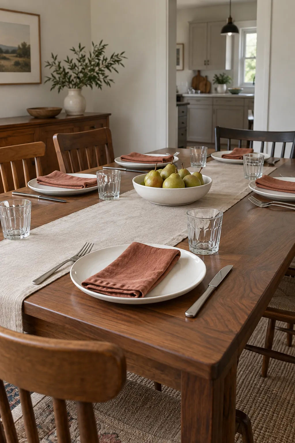 Thanksgiving table set with everyday white dishes and muted terracotta napkins