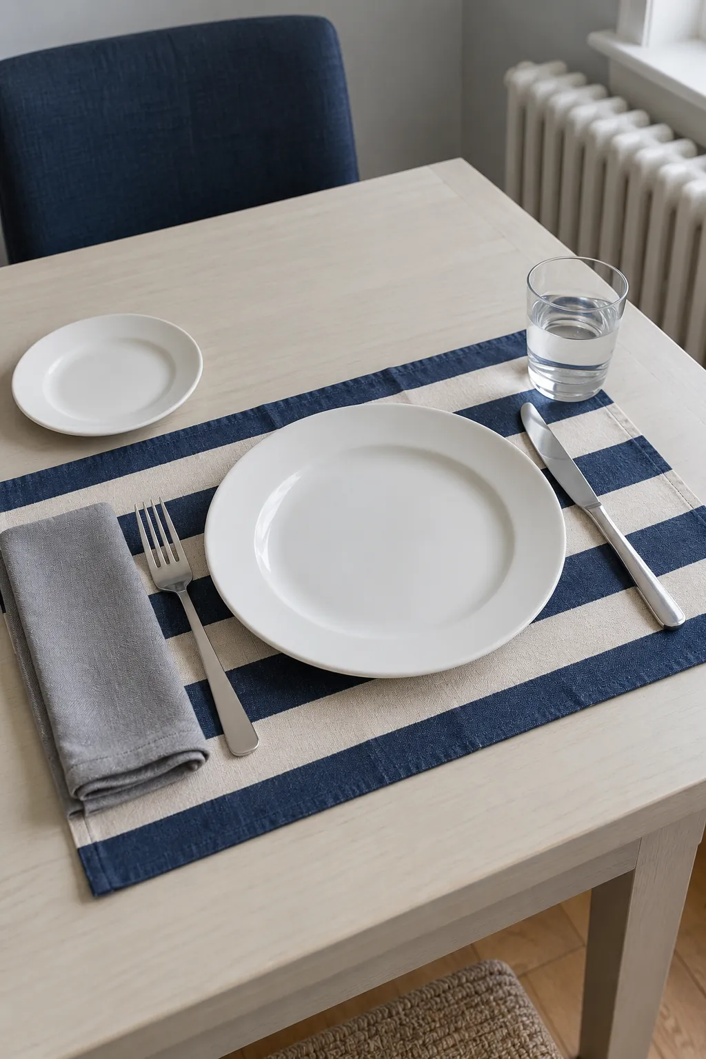 Navy stripes under a simple plate with everyday white dishes